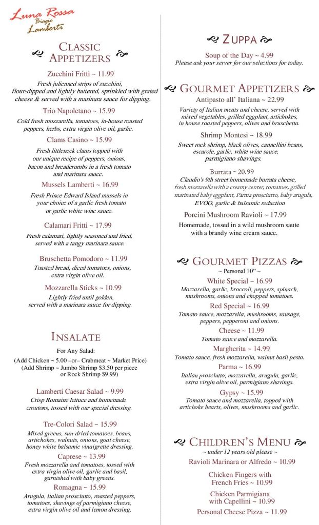 Our Menu - Luna Rossa Biagio Lamberti