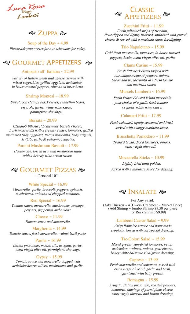Our Menu - Luna Rossa Biagio Lamberti